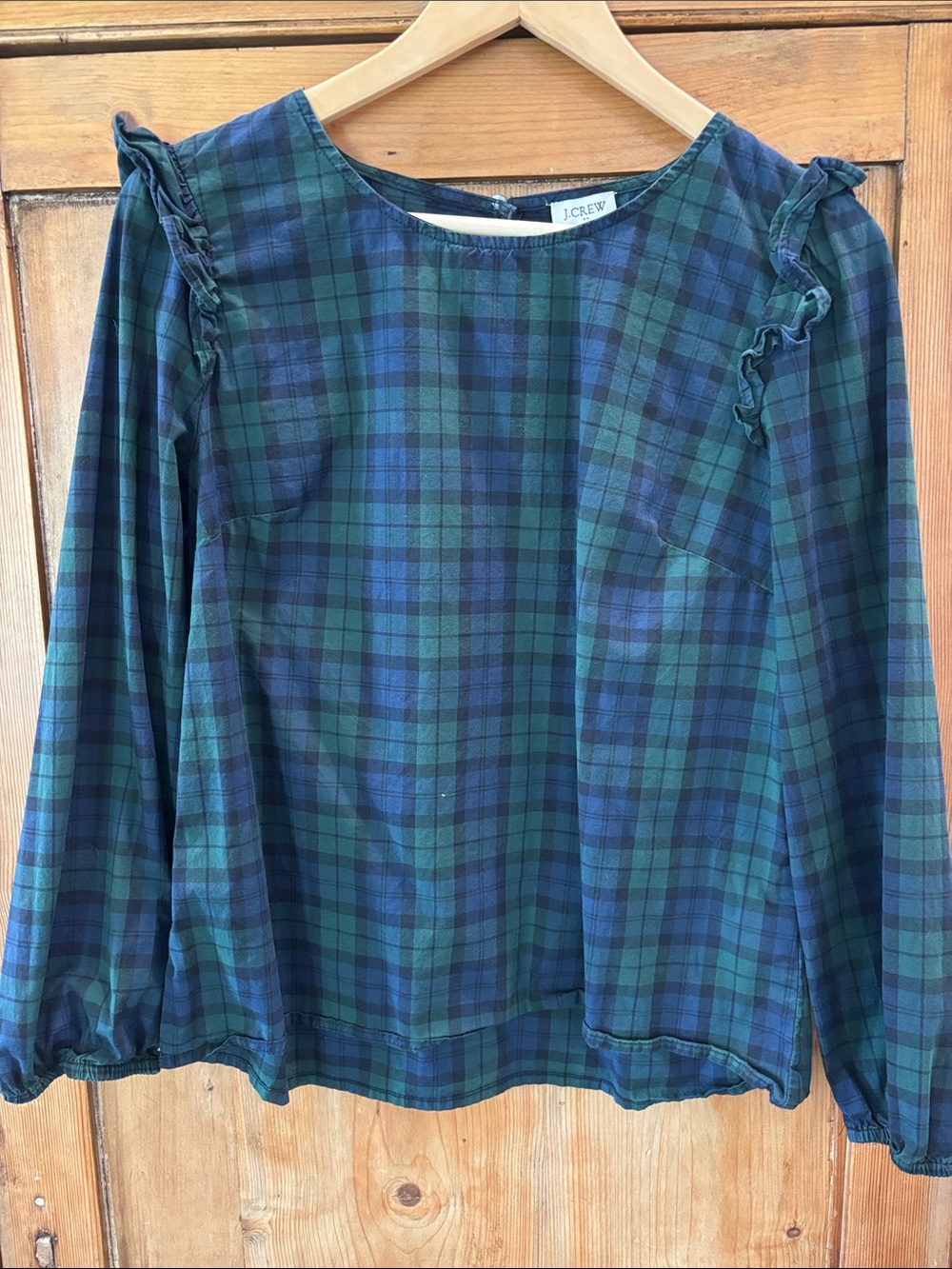 J. Crew Navy and Green Plaid Ruffle-Shoulder Long Sleeve Top